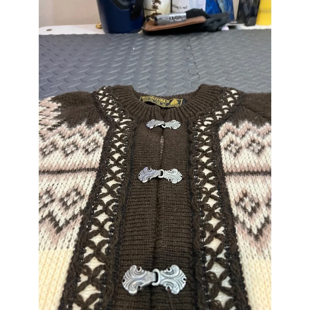 Nordstrikk Cardigan Sweater Womens Medium Brown Cream Nordic Pewter Clasps Wool